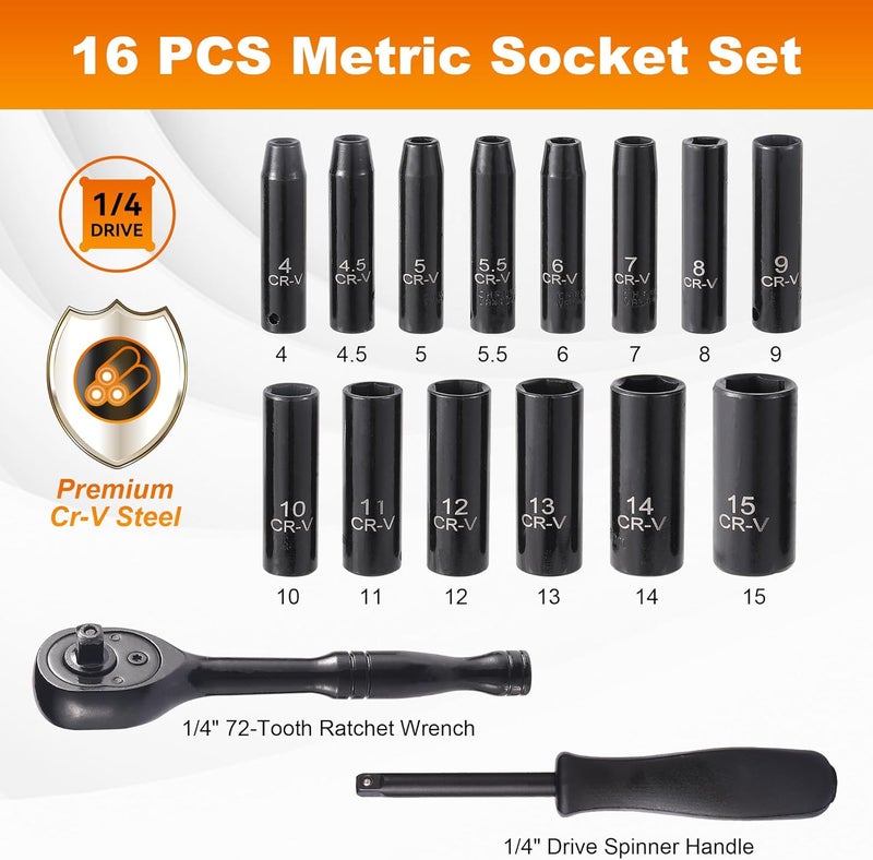 Reniteco 16-Piece 1/4" Drive Socket Set, Metric (4mm-15mm), Deep Sockets, 72-Tooth Ratchet Wrench, Drive Spinner Handle, 6 Point Design, Cr-V - Image 2